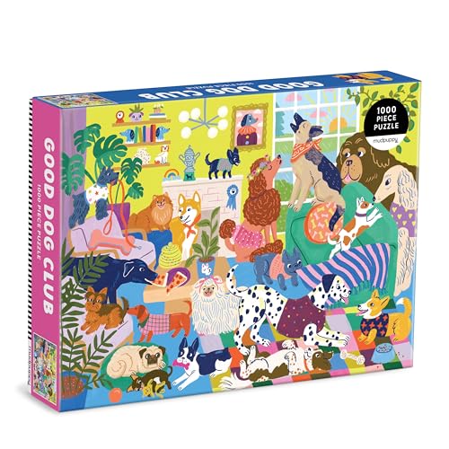 A 1000-piece puzzle box featuring a colorful illustration of many different dogs indoors.