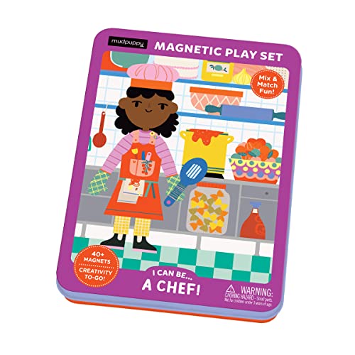 Colorful tin with magnetic chef play set and illustrated kitchen scene.