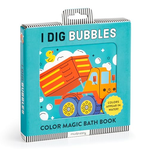 Bath book with a bright orange dump truck and a rubber ducky.