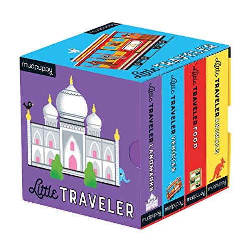 Colorful boxed set of four small board books about travel themes.