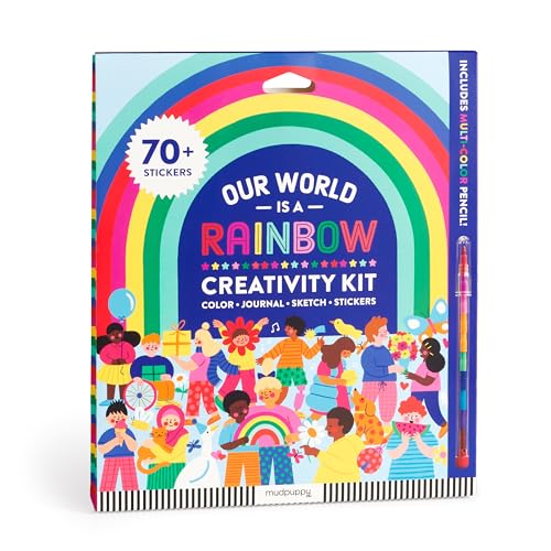 Rainbow-arched box for a children’s creativity kit with stickers and pencil.