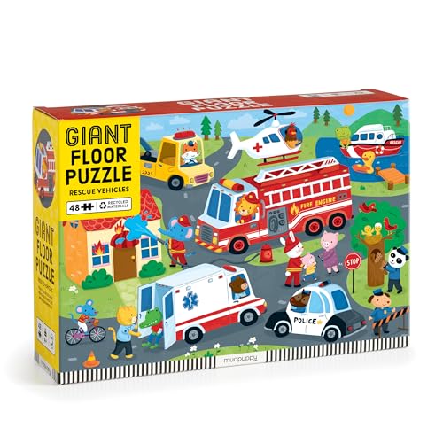 Rescue vehicles puzzle box with a fire truck, helicopter, and ambulance.