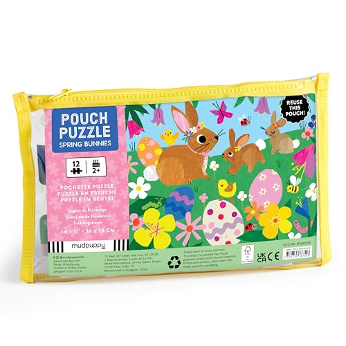 Colorful pouch puzzle depicting bunnies, chicks, and Easter eggs in a garden.
