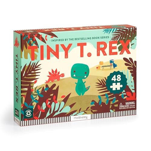 Box for "Tiny T.Rex" 48-piece puzzle with cartoon dinosaurs and foliage.