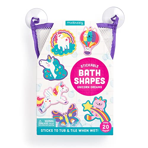 Colorful unicorn and animal-shaped foam bath toys in mesh packaging.