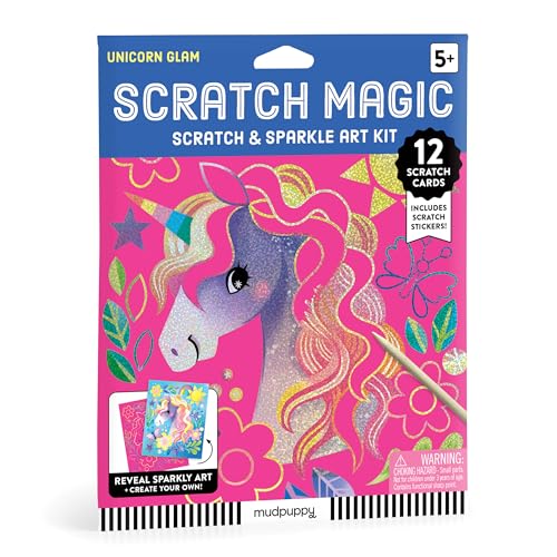 Unicorn glam scratch art kit with twelve cards and a stylus.