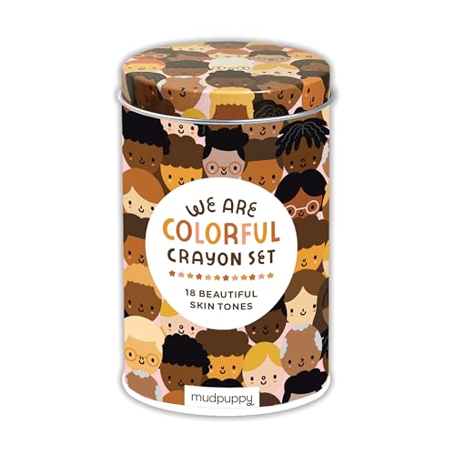 Crayon set tin with diverse faces and skin tones depicted.