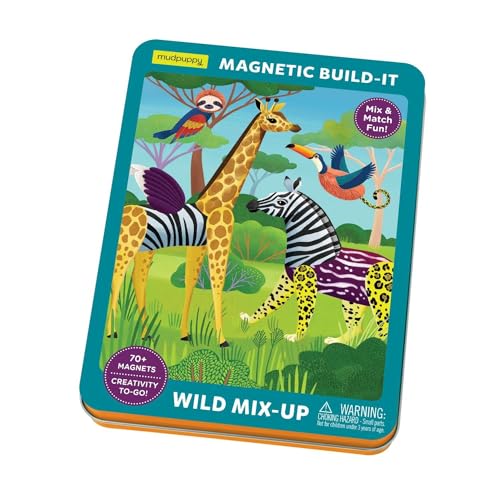 Colorful tin with magnetic animal parts for building mixed creatures.