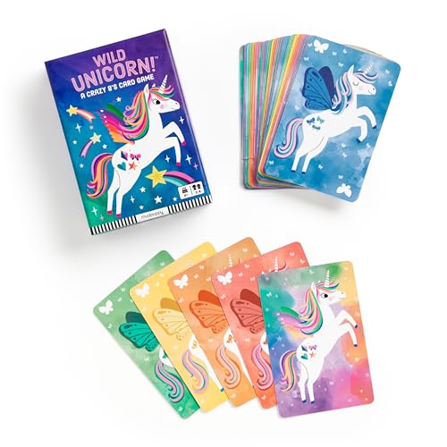 Wild Unicorn card game box and a fan of colorful unicorn playing cards.