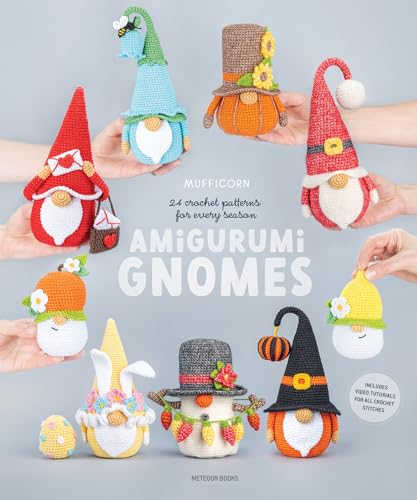 Book cover featuring various colorful handmade crochet gnomes decorated for different seasons.