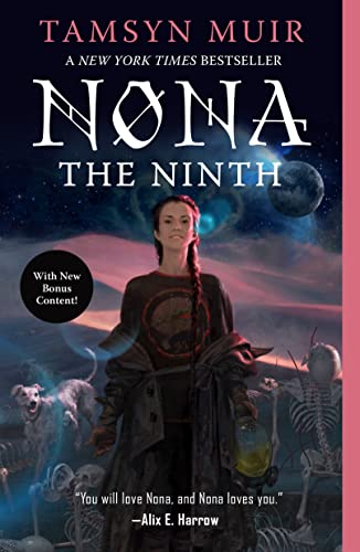 Book cover: woman in dark coat, skeletons, planets, and swirling nebula.