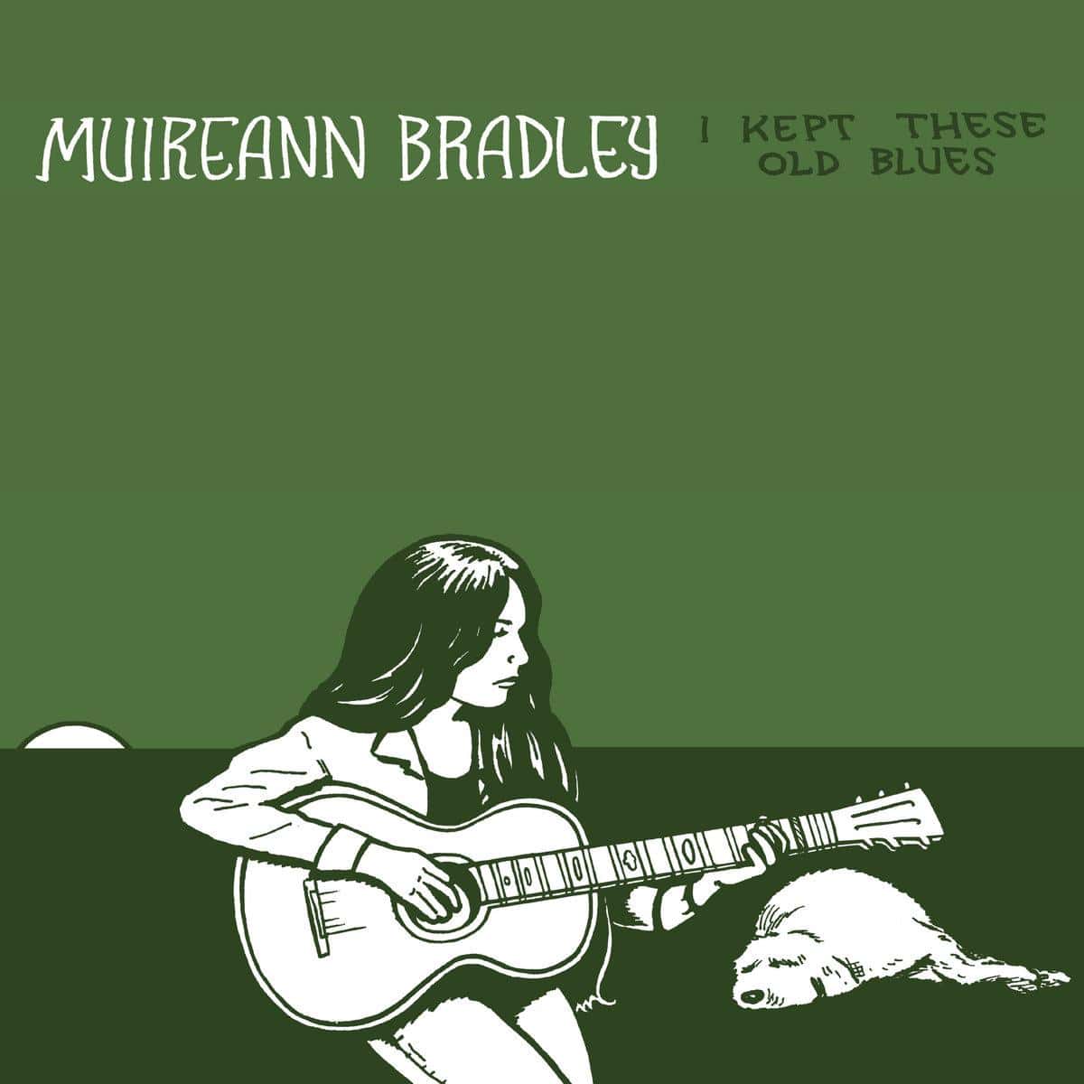 Album cover: Muireann Bradley with guitar and a dog, green background.