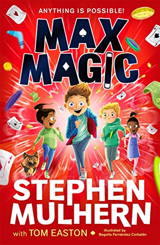 Book cover featuring four children and a dog amidst flying cards.