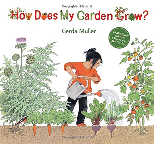 Book cover: girl watering plants in a colorful garden.