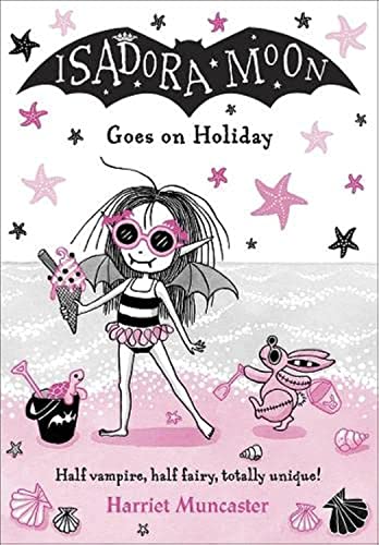 Isadora Moon in a swimsuit with a pink rabbit on a beach with shells.