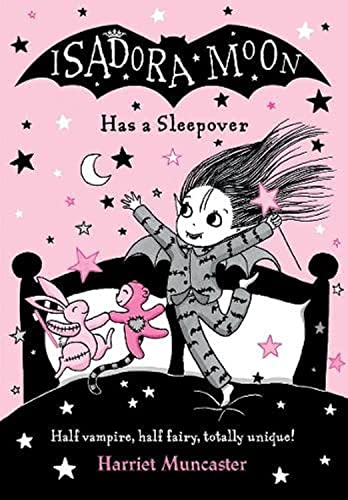 Isadora Moon jumping on a bed with a stuffed rabbit and monkey on pink background.