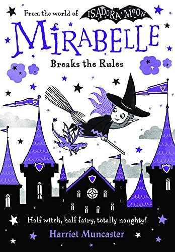 Book cover illustration of a witch flying on a broomstick over a purple castle.