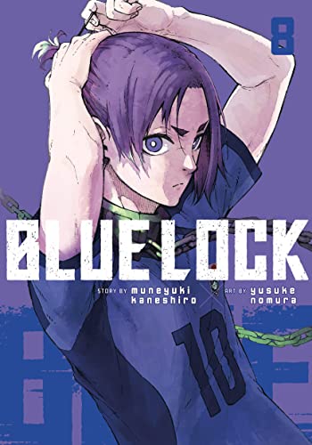 Manga cover of Blue Lock volume 8 featuring a purple-haired character in a jersey.