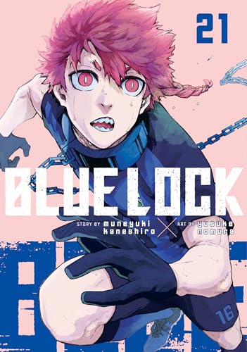 Blue Lock manga volume 21 cover featuring a pink-haired character with red eyes.