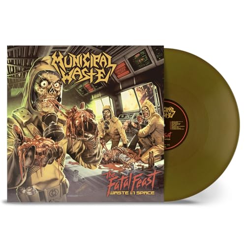 Vinyl record cover art showing zombies in hazmat suits with a solid olive vinyl disc.