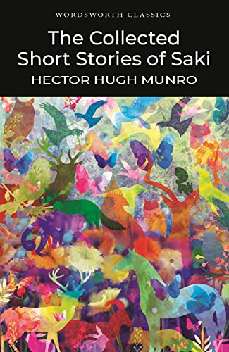 Book cover titled The Collected Short Stories of Saki with colorful, abstract nature-themed artwork.