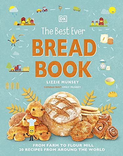 Cookbook cover with bread, wheat, and illustrated farm scene.