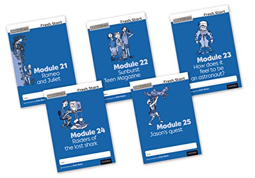 Five blue "Read Write Inc. Fresh Start" student books, modules 21-25.