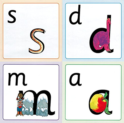 Four colorful cards displaying letters with associated images for phonics.