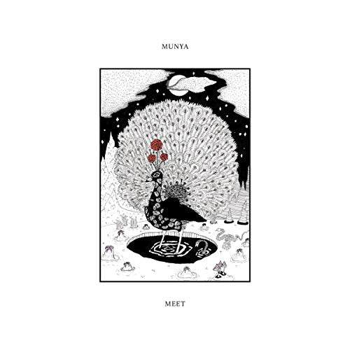 Black and white illustration of a peacock with red flowers, standing by a pond.