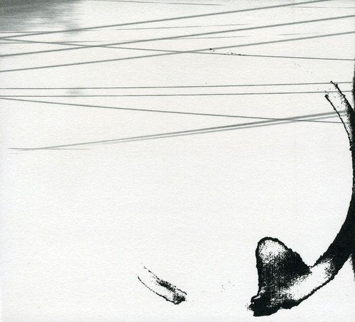 Abstract black and white artwork with thin horizontal lines and a curved dark shape.
