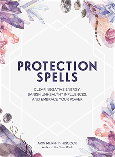 Book cover titled Protection Spells featuring watercolor illustrations of crystals and feathers on white.