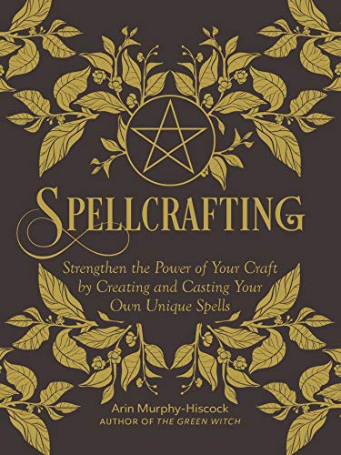 Book cover titled Spellcrafting with gold pentagram and botanical illustrations on a dark background.