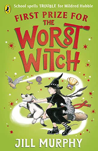 Book cover: young witch on a broom with a dog and cat.