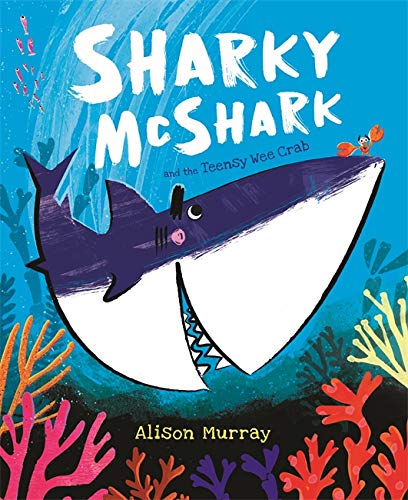 Book cover: a blue shark with a tiny orange crab on its nose.