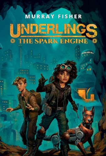 Book cover: two young people and a robotic dog in a city.