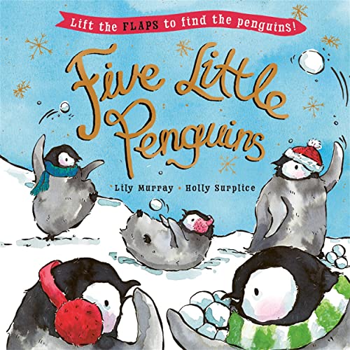 Cover of “Five Little Penguins” children’s book with illustrated penguins.