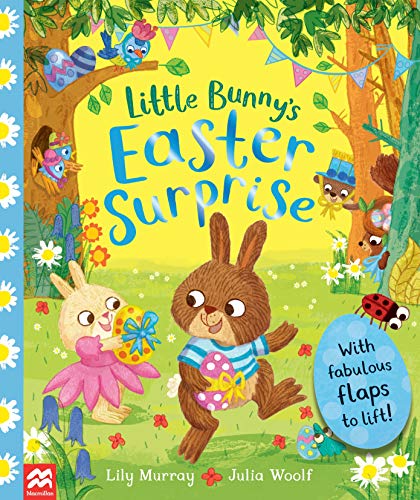 Book cover: bunnies in a field with Easter eggs and woodland creatures.