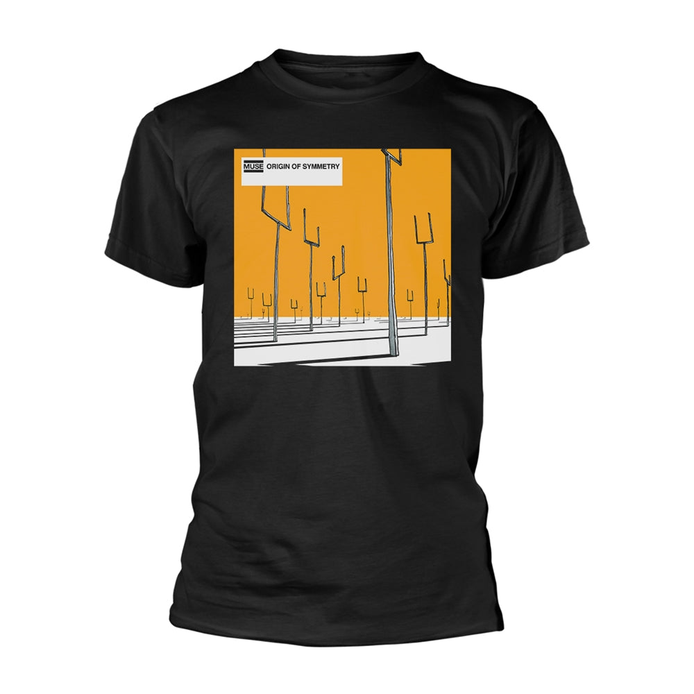 Black t-shirt with album art featuring orange and white geometric shapes.