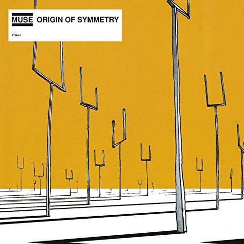 "Album cover with yellow background, black lines, and 'Muse Origin of Symmetry' text."