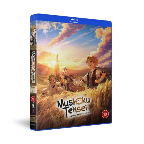 Anime characters in a wheat field at sunset on a Mushoku Tensei Blu-ray case.
