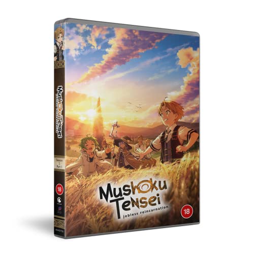 DVD case for Mushoku Tensei featuring anime characters in a golden wheat field.