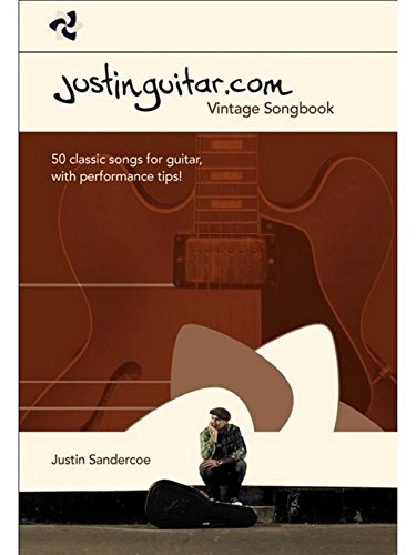 Justinguitar.com Vintage Songbook cover with guitar imagery and a seated man.