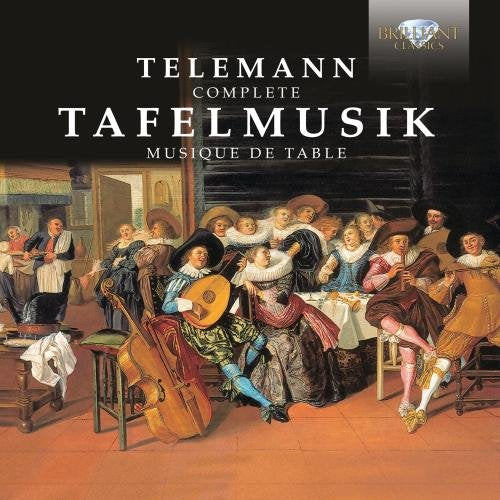 CD cover for Telemann’s Tafelmusik featuring a 17th-century musical gathering.