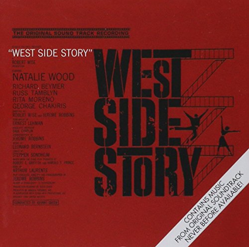 Red "West Side Story" CD cover with white text and silhouetted figures.