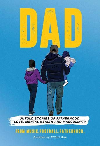Book cover with father and children walking, title "DAD" in large yellow letters.