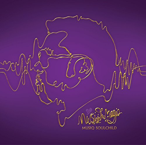 Gold line art profile of a person on purple background.