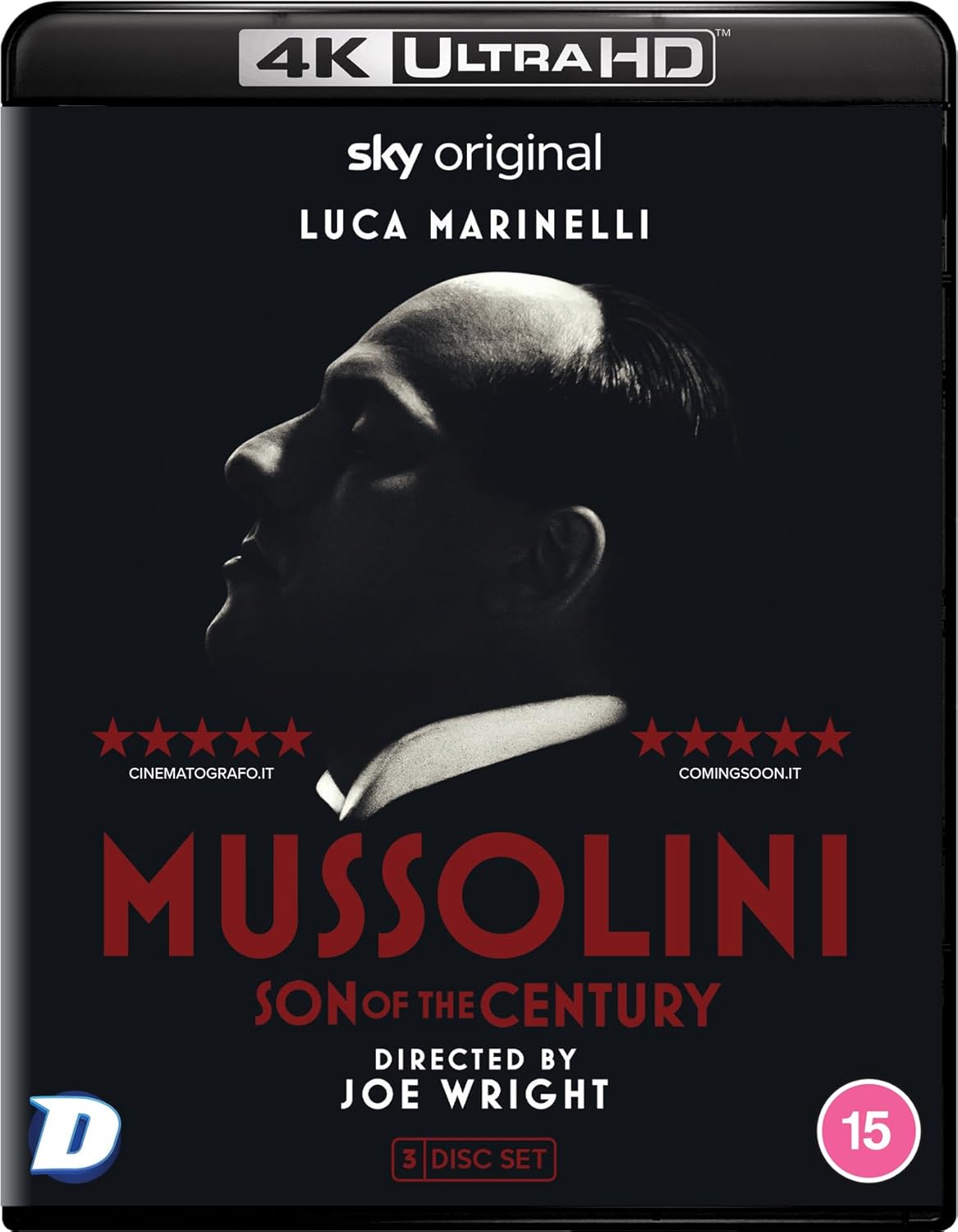 Blu-ray cover for "Mussolini: Son of the Century" featuring Luca Marinelli.
