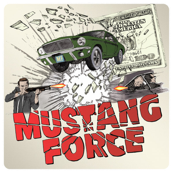 Vintage-style illustration of a green car, money, and figures with guns.