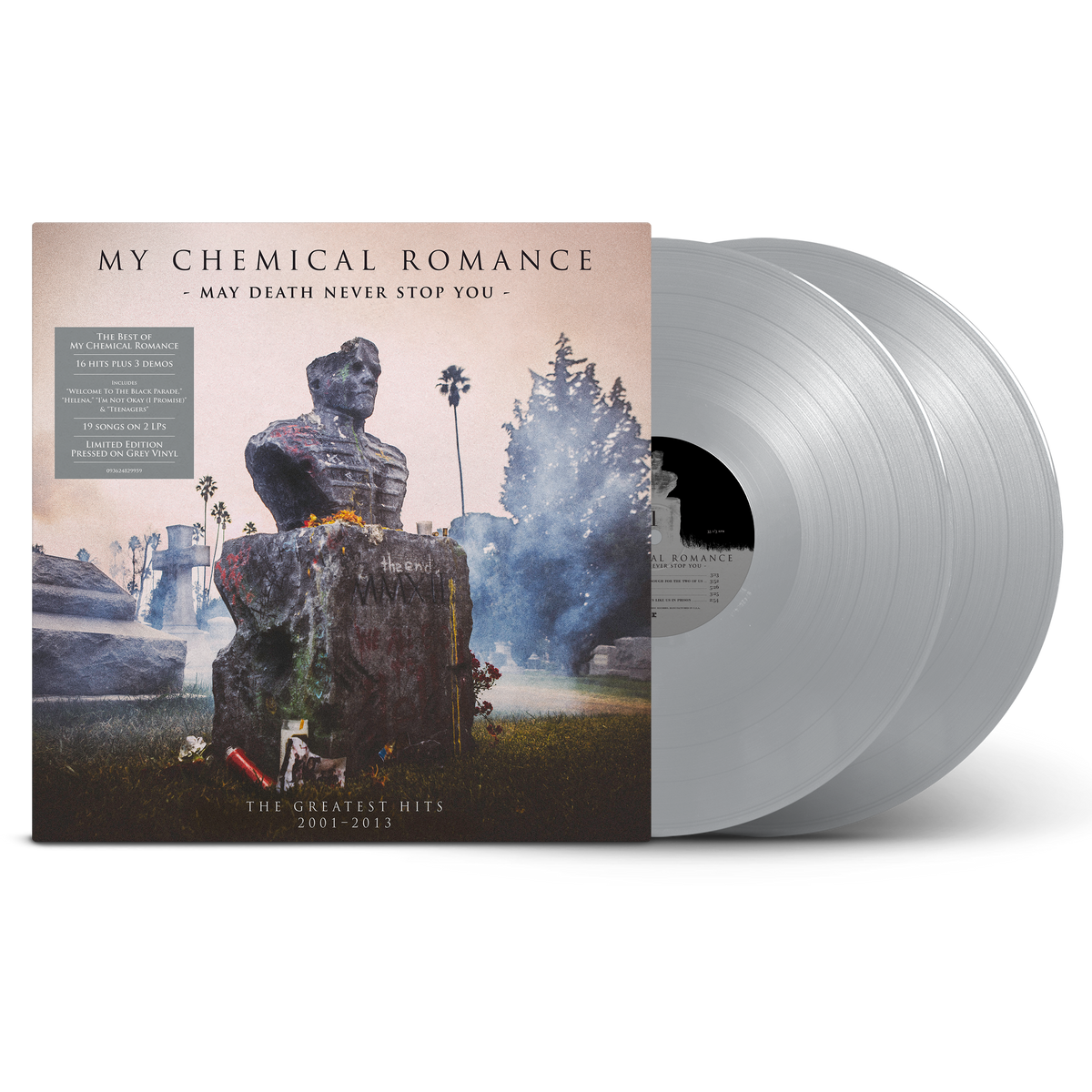 My Chemical Romance vinyl record with grey marble effect and cover art.