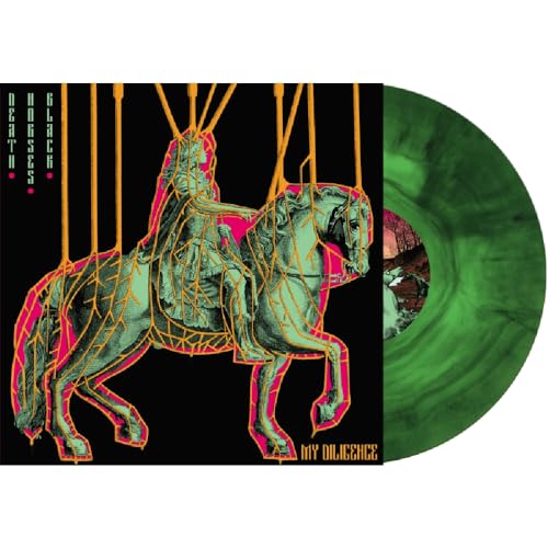 Vinyl record of “My Diligence - Death.horses.black.” with green swirl pattern.
